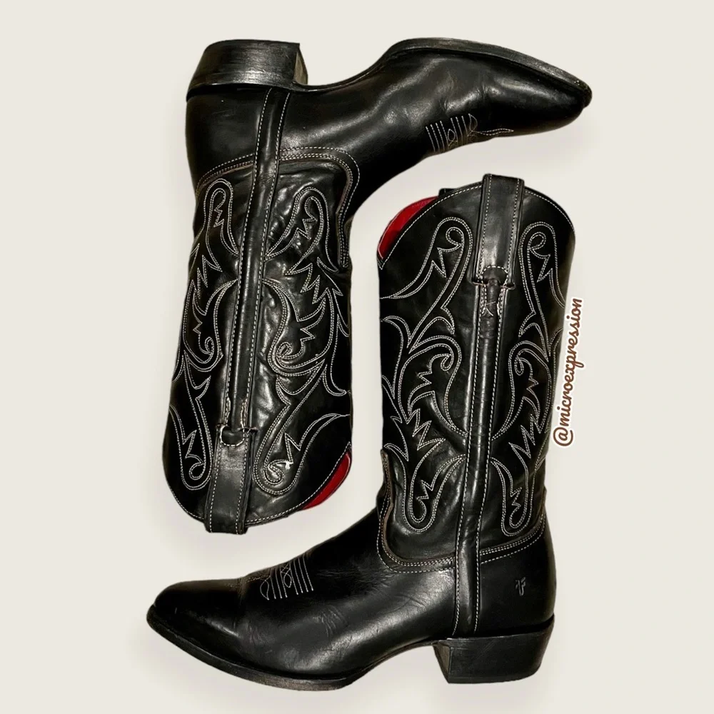 VINTAGE 1990 Frye Black Red Contrast Leather Embroidery Stitch Tall Cowboy Boot